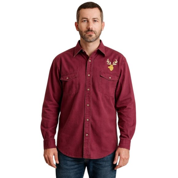 Cabela's Chamois  Button Up Shirt Maroon Red 100% Cotton Deer Head Men's XL TALL - Picture 1 of 10